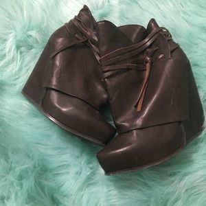 Brown Leather Wedge Heel Booties